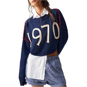 SOLY HUX Sweaters for Women Number Graphic Crew Neck Long Sleeve Knit Tops Pullover Sweater