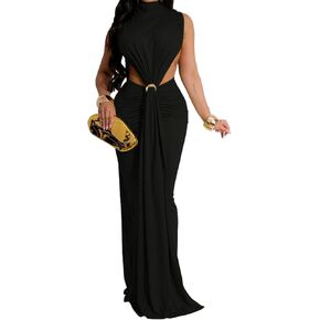 Womens Sexy Sleeveless Turtleneck Split Ruched Ruffles Bodycon Party Clubwear Dress