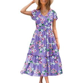 YESNO Women Summer Boho Floral Casual Dresses V Neck Ruffle Cap Sleeve Smocked Midi Dress with Pockets EVA