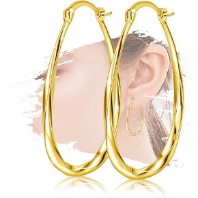 Gold Oval Hoop Earrings - Steeling Sliver Hoop Earrings for Ladies Fashion Oval Earrings Hypoallergenic Gold Oval Hoop Stud Earrings for Sensitive Ears for Women Ladies Gifts for Christmas