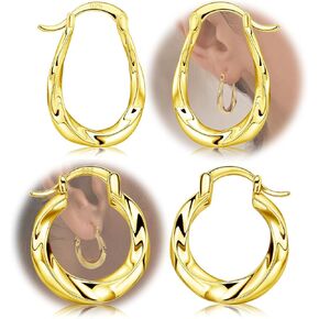 Gold Twisted Hoop Earrings Set for Women - Sterling Silver Twist Loop Earrings for Ladies Trendy Chunky Earrings Hypoallergenic Statement Earrings for Sensitive Ears Fashion Round Oval Hoop Earrings