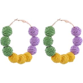 Bohemian Rattan Ball Hoop Earrings Purple Yellow Green Mardi Gras Hoop Earrings for Women Handmade Straw Wicker Raffia Circle Dangle Drop Earrings Carnival Parades Party Jewelry Gifts