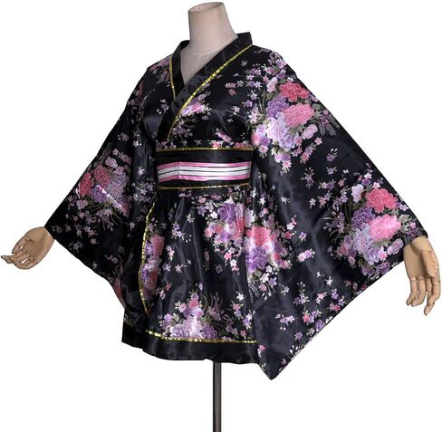 Women's Sexy Short Kimono Costume Adult Japanese Geisha Yukata Prints Gown Fancy Dress with Obi Belt in Kuwait