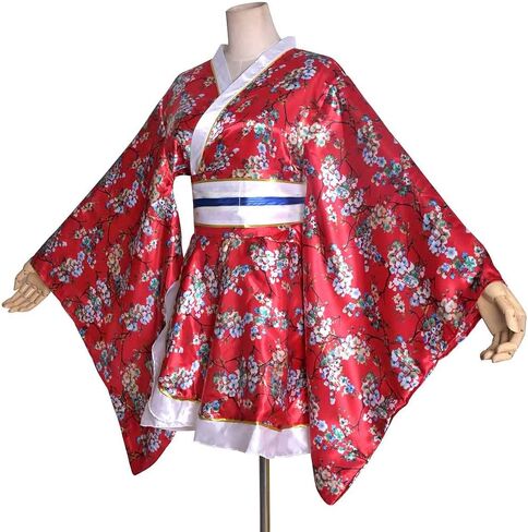 Women's Sexy Short Kimono Costume Adult Japanese Geisha Yukata Prints Gown Fancy Dress with Obi Belt in Kuwait