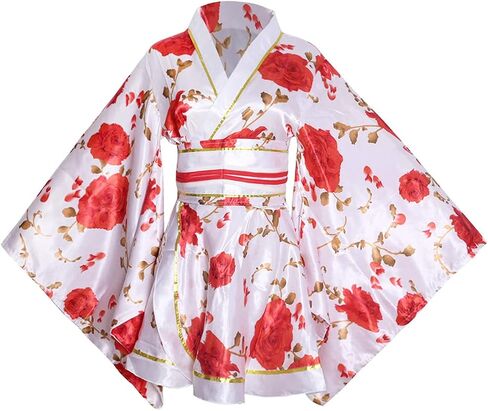 Women's Sexy Short Kimono Costume Adult Japanese Geisha Yukata Prints Gown Fancy Dress with Obi Belt in Kuwait