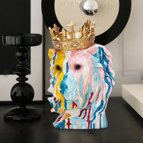 Leopard King Head Sculpture Colorful Leopard King with Golden Crown Figurine Statue Wild Animal Statue for Home Decor in Saudi Arabia