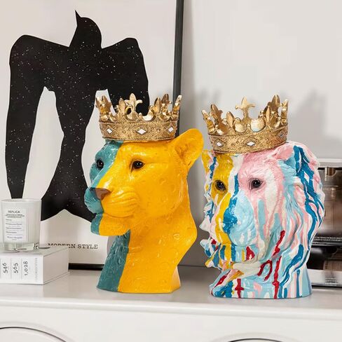 Leopard King Head Sculpture Colorful Leopard King with Golden Crown Figurine Statue Wild Animal Statue for Home Decor in Saudi Arabia