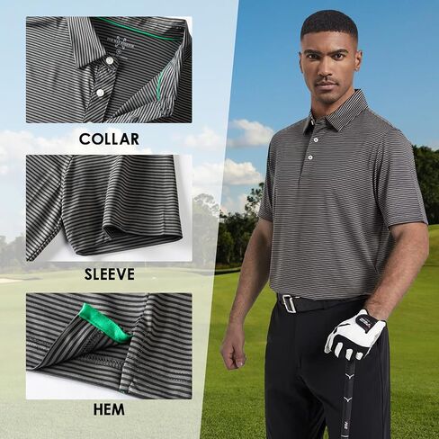 قميص بولو جولف رجالي مقاوم للرطوبة وجاف مناسب للأداء الرياضي وأكمام قصيرة قمصان جولف مخططة للرجال in Kuwait