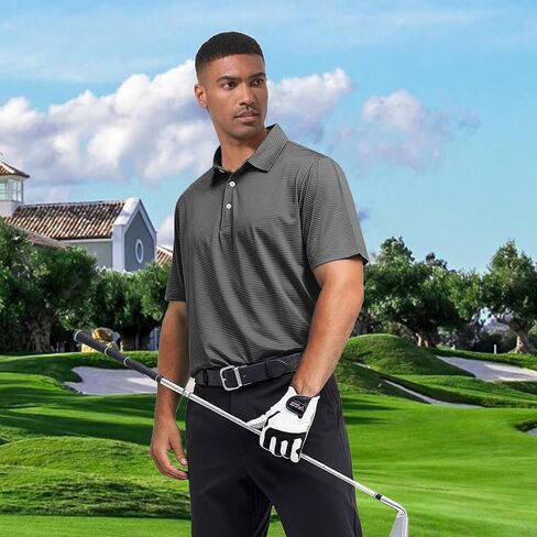 قميص بولو جولف رجالي مقاوم للرطوبة وجاف مناسب للأداء الرياضي وأكمام قصيرة قمصان جولف مخططة للرجال in Kuwait