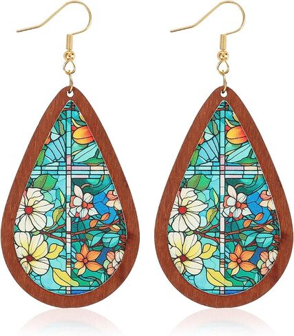 Bohemian Wood Teardrop Earrings for Women Acrylic Colorful Teardrop Dangle Earrings Handmade Natural Wooden Earrings Boho Geometric Flower Leaf Cross Earrings Statement Lightweight Ethnic Earrings Vintage Retro Jewelry in Kuwait