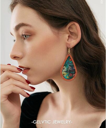 Bohemian Wood Teardrop Earrings for Women Acrylic Colorful Teardrop Dangle Earrings Handmade Natural Wooden Earrings Boho Geometric Flower Leaf Cross Earrings Statement Lightweight Ethnic Earrings Vintage Retro Jewelry in Kuwait