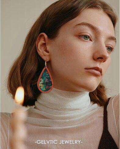 Bohemian Wood Teardrop Earrings for Women Acrylic Colorful Teardrop Dangle Earrings Handmade Natural Wooden Earrings Boho Geometric Flower Leaf Cross Earrings Statement Lightweight Ethnic Earrings Vintage Retro Jewelry in Kuwait