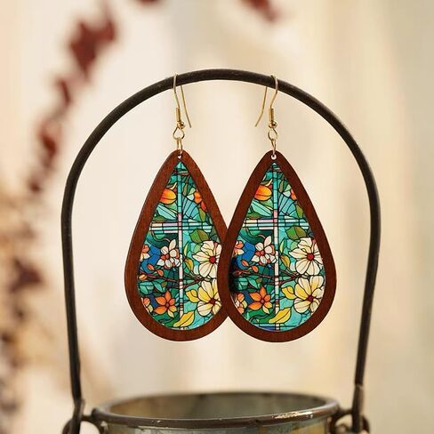 Bohemian Wood Teardrop Earrings for Women Acrylic Colorful Teardrop Dangle Earrings Handmade Natural Wooden Earrings Boho Geometric Flower Leaf Cross Earrings Statement Lightweight Ethnic Earrings Vintage Retro Jewelry in Kuwait