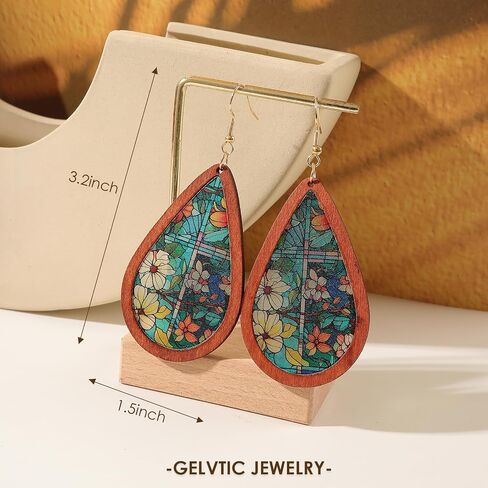 Bohemian Wood Teardrop Earrings for Women Acrylic Colorful Teardrop Dangle Earrings Handmade Natural Wooden Earrings Boho Geometric Flower Leaf Cross Earrings Statement Lightweight Ethnic Earrings Vintage Retro Jewelry in Kuwait