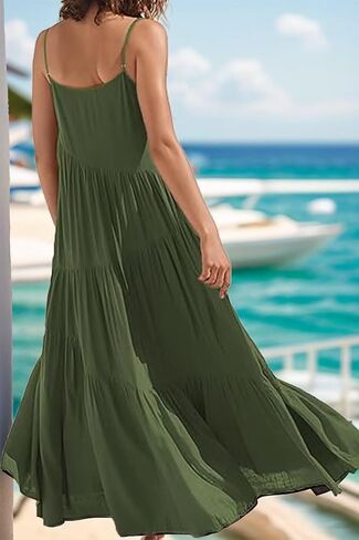 Womens Sundress Loose Sleeveless Strap Summer Casual Beach Vacation Long Dress for Women Solid Halter Dress in Saudi Arabia