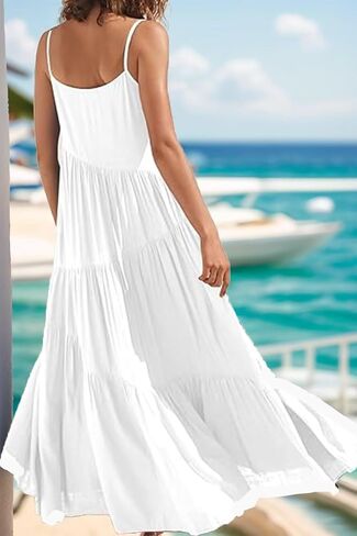 Womens Sundress Loose Sleeveless Strap Summer Casual Beach Vacation Long Dress for Women Solid Halter Dress in Saudi Arabia