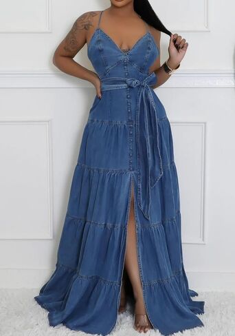 فستان نسائي طويل مثير من Unybwonn من قماش الدنيم بحزام سباغيتي طويل من الجينز بدون ظهر وفتحة رقبة على شكل V بدون أكمام in Kuwait