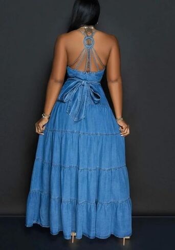 فستان نسائي طويل مثير من Unybwonn من قماش الدنيم بحزام سباغيتي طويل من الجينز بدون ظهر وفتحة رقبة على شكل V بدون أكمام in Kuwait