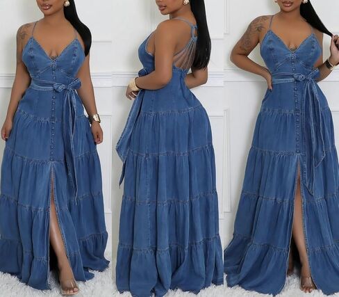 فستان نسائي طويل مثير من Unybwonn من قماش الدنيم بحزام سباغيتي طويل من الجينز بدون ظهر وفتحة رقبة على شكل V بدون أكمام in Kuwait