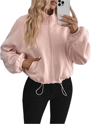Women's Zip Up Drawstring Sweatshirt Long Sleeve Drop Shoulder Collared Jacket Outerwear in Saudi Arabia