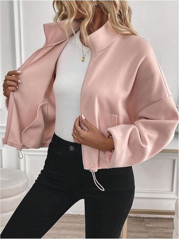 Women's Zip Up Drawstring Sweatshirt Long Sleeve Drop Shoulder Collared Jacket Outerwear in Saudi Arabia