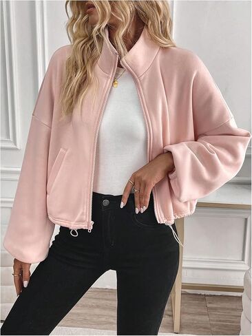 Women's Zip Up Drawstring Sweatshirt Long Sleeve Drop Shoulder Collared Jacket Outerwear in Saudi Arabia