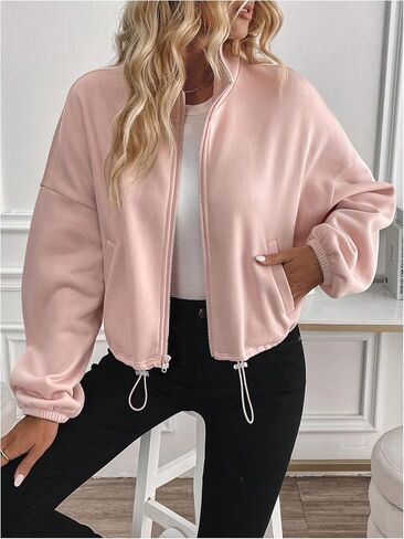 Women's Zip Up Drawstring Sweatshirt Long Sleeve Drop Shoulder Collared Jacket Outerwear in Saudi Arabia