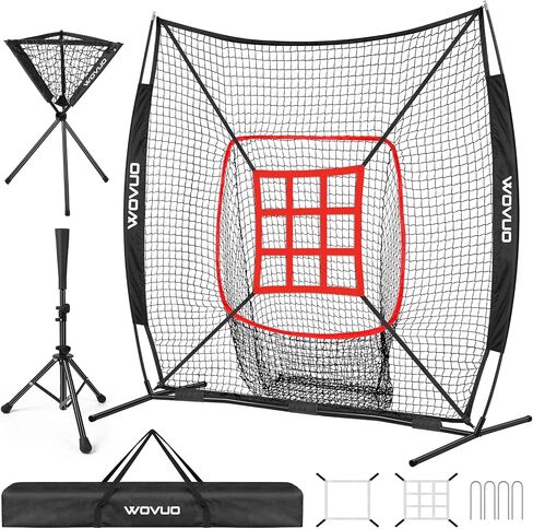 7x7 ft Baseball Net for Batting Pitching Hitting, Baseball Pitching Net with Strike Zone, Baseball Tee, Ball Caddy, Softball Batting Net Baseball Training Equipment for Kids Adult Youth Sport Practice in Saudi Arabia