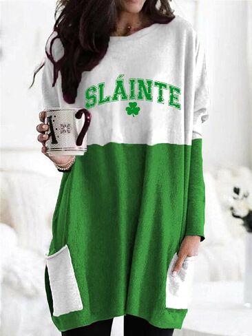 Funny St Patricks Day Shamrock Long Sleeve Shirt for Women, Irish Clover Crewneck Long Hem Shirt in Saudi Arabia