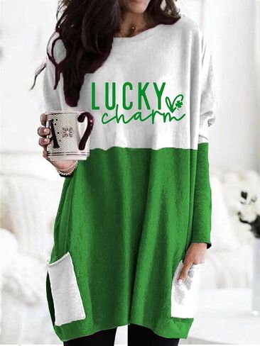 Funny St Patricks Day Shamrock Long Sleeve Shirt for Women, Irish Clover Crewneck Long Hem Shirt in Saudi Arabia