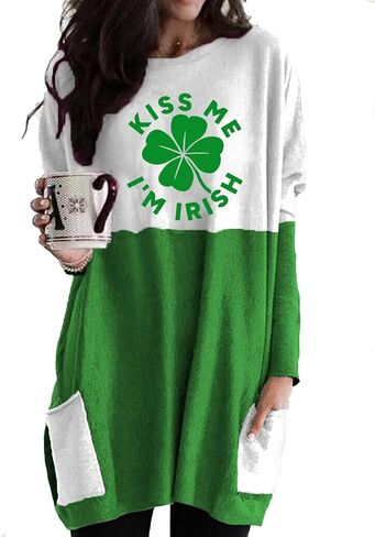 Funny St Patricks Day Shamrock Long Sleeve Shirt for Women, Irish Clover Crewneck Long Hem Shirt in Saudi Arabia
