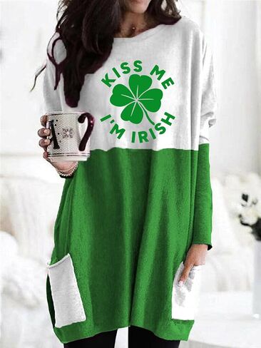 Funny St Patricks Day Shamrock Long Sleeve Shirt for Women, Irish Clover Crewneck Long Hem Shirt in Saudi Arabia