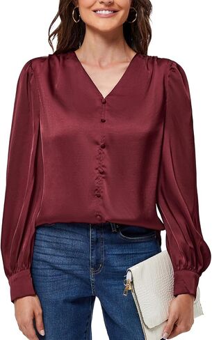 JASAMBAC Women's Satin Silk Blouse 2024 V Neck Long Sleeve Dressy Casual Blouses Elegant Business Office Work Shirts Tops in Saudi Arabia