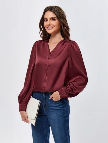 JASAMBAC Women's Satin Silk Blouse 2024 V Neck Long Sleeve Dressy Casual Blouses Elegant Business Office Work Shirts Tops in Saudi Arabia