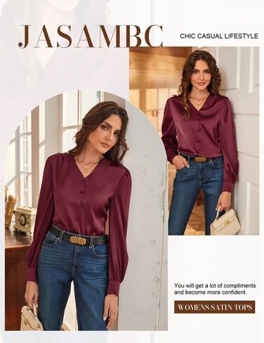 JASAMBAC Women's Satin Silk Blouse 2024 V Neck Long Sleeve Dressy Casual Blouses Elegant Business Office Work Shirts Tops in Saudi Arabia