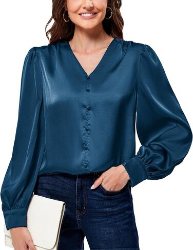 JASAMBAC Women's Satin Silk Blouse 2024 V Neck Long Sleeve Dressy Casual Blouses Elegant Business Office Work Shirts Tops in Saudi Arabia