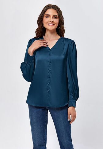 JASAMBAC Women's Satin Silk Blouse 2024 V Neck Long Sleeve Dressy Casual Blouses Elegant Business Office Work Shirts Tops in Saudi Arabia