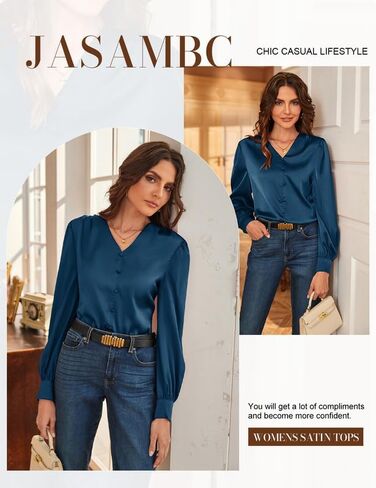 JASAMBAC Women's Satin Silk Blouse 2024 V Neck Long Sleeve Dressy Casual Blouses Elegant Business Office Work Shirts Tops in Saudi Arabia