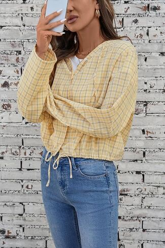 olrain Women Buffalo Hoodie Plaid Shirt Roll Up Long Sleeve Button Down Drawstring Casual Boyfriend Spring Fall Blouse Top in Saudi Arabia
