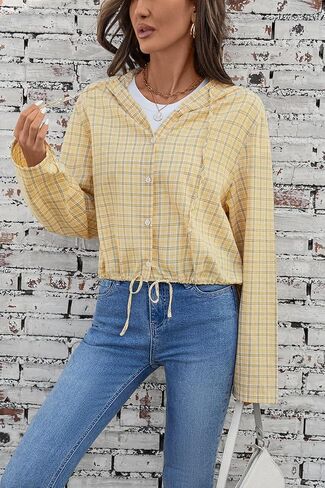 olrain Women Buffalo Hoodie Plaid Shirt Roll Up Long Sleeve Button Down Drawstring Casual Boyfriend Spring Fall Blouse Top in Saudi Arabia