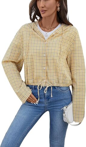 olrain Women Buffalo Hoodie Plaid Shirt Roll Up Long Sleeve Button Down Drawstring Casual Boyfriend Spring Fall Blouse Top in Saudi Arabia