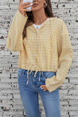 olrain Women Buffalo Hoodie Plaid Shirt Roll Up Long Sleeve Button Down Drawstring Casual Boyfriend Spring Fall Blouse Top in Saudi Arabia