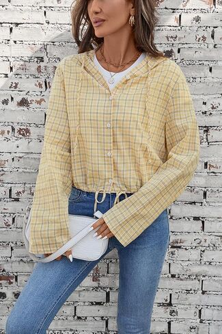 olrain Women Buffalo Hoodie Plaid Shirt Roll Up Long Sleeve Button Down Drawstring Casual Boyfriend Spring Fall Blouse Top in Saudi Arabia