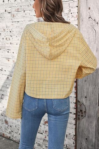 olrain Women Buffalo Hoodie Plaid Shirt Roll Up Long Sleeve Button Down Drawstring Casual Boyfriend Spring Fall Blouse Top in Saudi Arabia