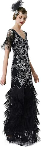 BABEYOND Women's Flapper Dress 1920s V-Neck Evening Gown Sequin Beaded Maxi Dress for Wedding Black Silver in Saudi Arabia