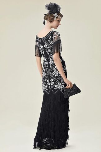 BABEYOND Women's Flapper Dress 1920s V-Neck Evening Gown Sequin Beaded Maxi Dress for Wedding Black Silver in Saudi Arabia