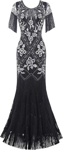 BABEYOND Women's Flapper Dress 1920s V-Neck Evening Gown Sequin Beaded Maxi Dress for Wedding Black Silver in Saudi Arabia