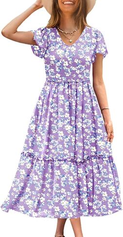 YESNO Women Summer Boho Floral Casual Dresses V Neck Ruffle Cap Sleeve Smocked Midi Dress with Pockets EVA in Saudi Arabia