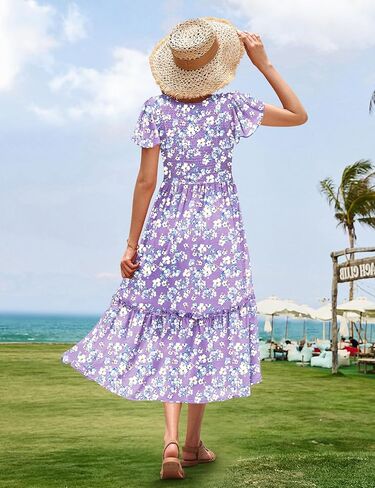 YESNO Women Summer Boho Floral Casual Dresses V Neck Ruffle Cap Sleeve Smocked Midi Dress with Pockets EVA in Saudi Arabia