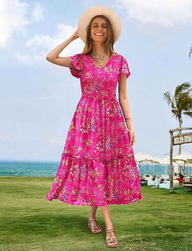 YESNO Women Summer Boho Floral Casual Dresses V Neck Ruffle Cap Sleeve Smocked Midi Dress with Pockets EVA in Saudi Arabia